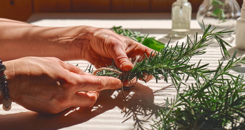 Hands preparing rosemary for an oil infusion