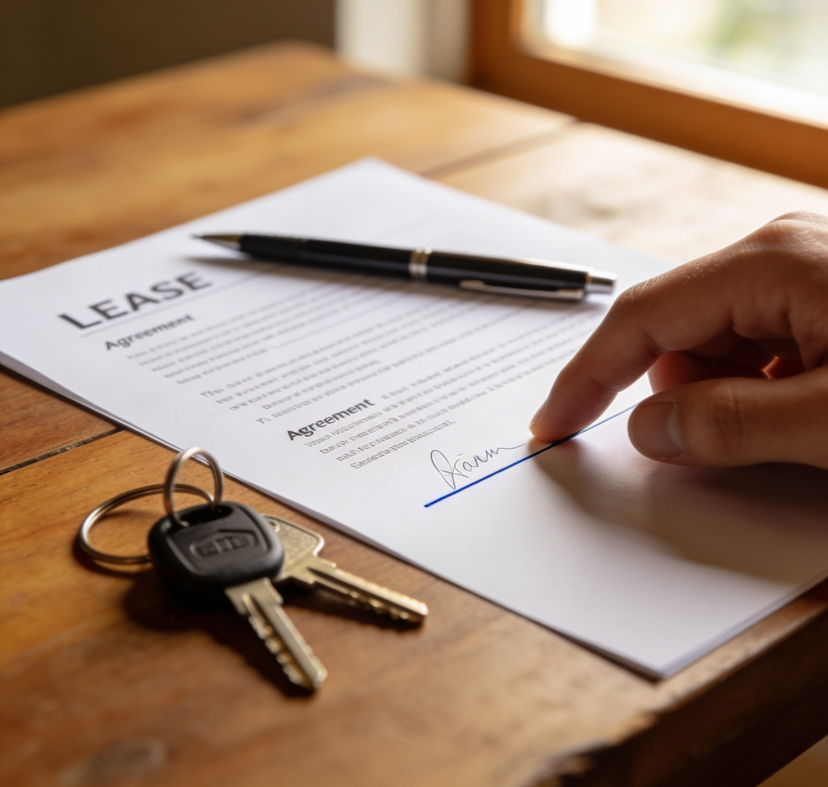 Close-up photograph of a lease agreement document on a wooden table with a pen resting on top and a set of apartment keys beside it. A hand reaches toward the pen to sign. Soft natural lighting from nearby window, shallow depth of field focusing on the signature line, 50mm lens, warm tones conveying thoughtful decision-making.