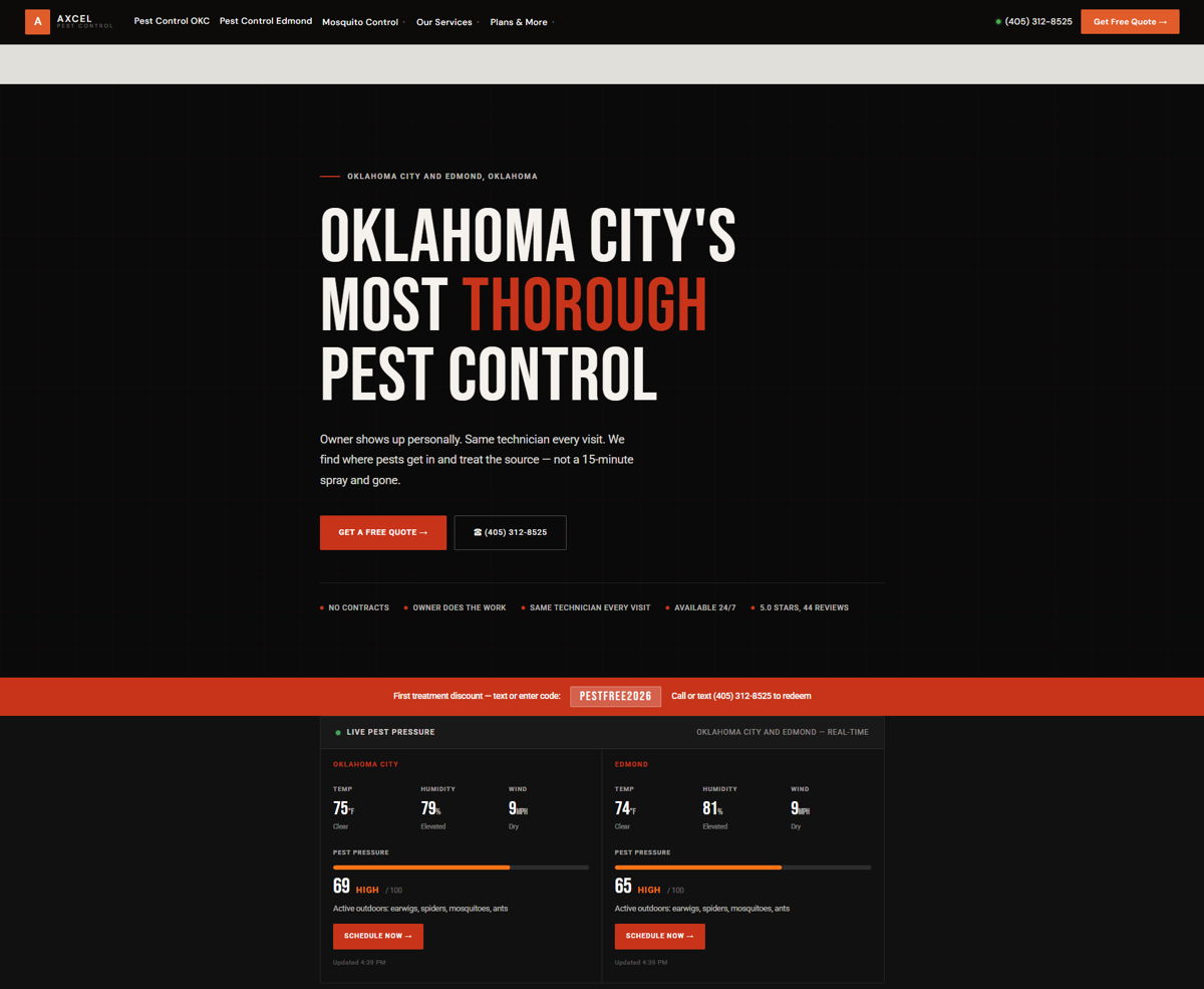 Screenshot of Axcel Pest Control, from the pest control websites collection.