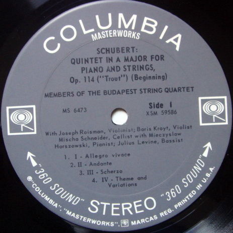 Columbia 2-EYE / BUDAPEST QT, - Schubert Trout Quintet,...