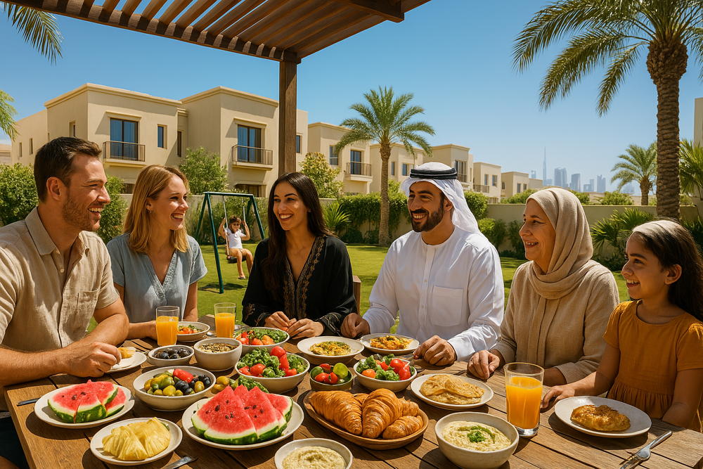Diverse family shares a large outdoor meal with fruit, salads, and Middle Eastern dishes on a table in a garden setting with residential homes and the Dubai skyline visible.