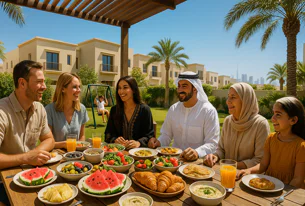 Diverse family shares a large outdoor meal with fruit, salads, and Middle Eastern dishes on a table in a garden setting with residential homes and the Dubai skyline visible.