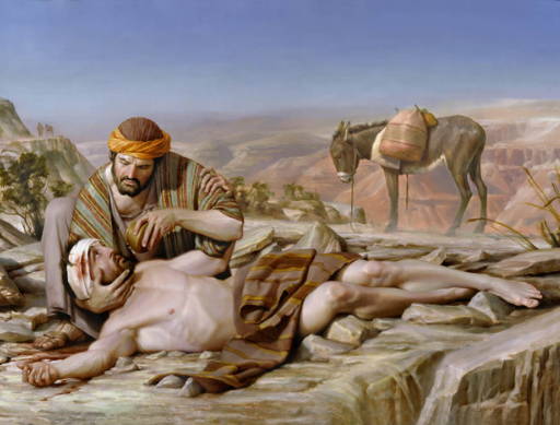 Painting of the Good Samaritan giving the robbed man a drink of water. A donkey standing in the desert background.