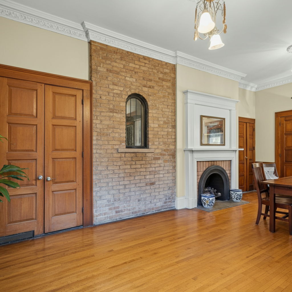 A mid-range Gold Coast two-bedroom residence in a historic building with restored architectural details, including crown molding, hardwood floors, and a wood-burning fireplace. The property combines vintage charm with modern updates, representing the diverse housing options available to downsizers in this established neighborhood.