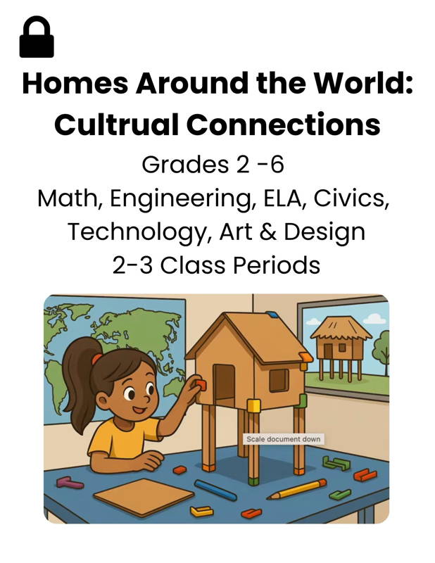 Image of a girl building a stilted cardboard house model labeled Scale document down as part of a cultural connections STEM lesson. Features 3DuxDesign materials used to teach global architecture math engineering ELA civics technology and art through hands-on project-based learning for elementary students.