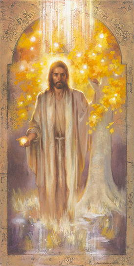 Jesus standing next to the glowing Tree of LIfe, His hand outstretched with a fruit.