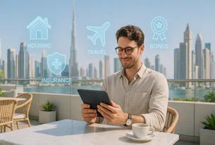 Man accesses digital services on tablet, including housing, travel, insurance, and bonuses, set against a Dubai cityscape background.