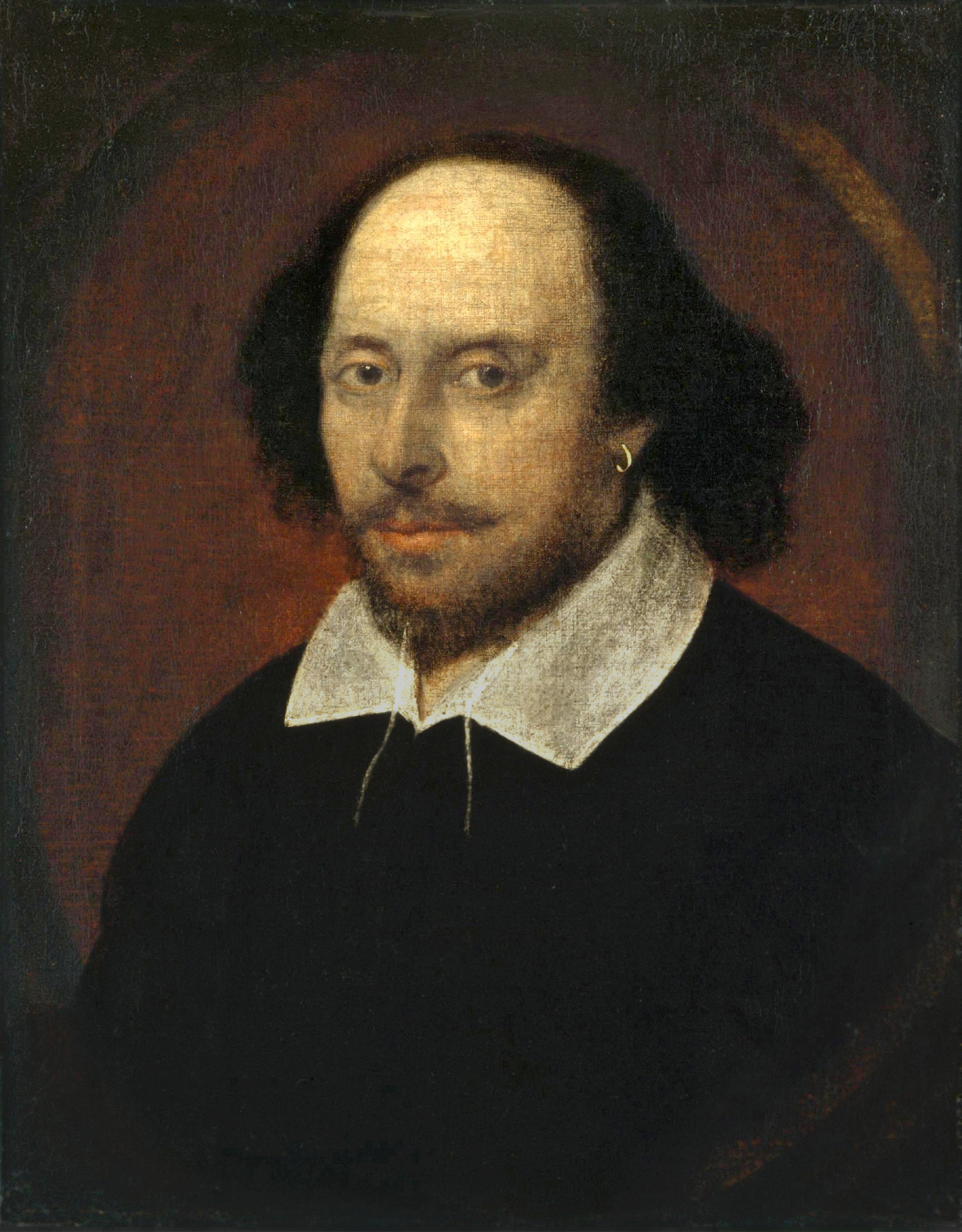 A painting of Shakespeare. He has a serious expression with his hair back and an earring.