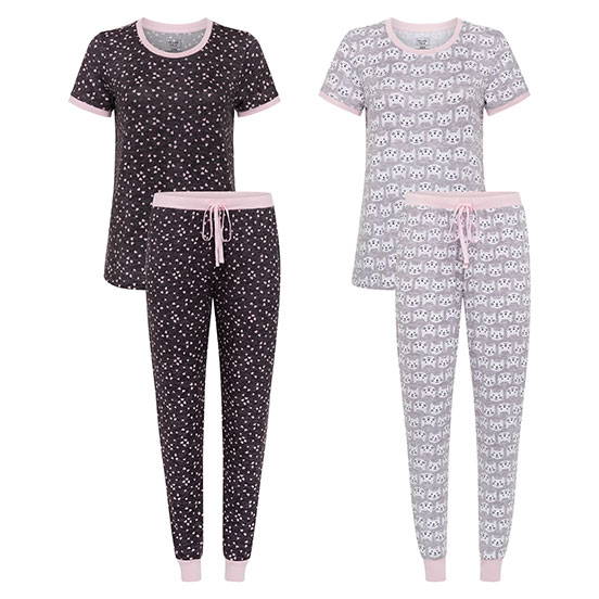 2 Pack Short Sleeve Lightweight Hacci Jogger Set in Hearts and Cats pattern 