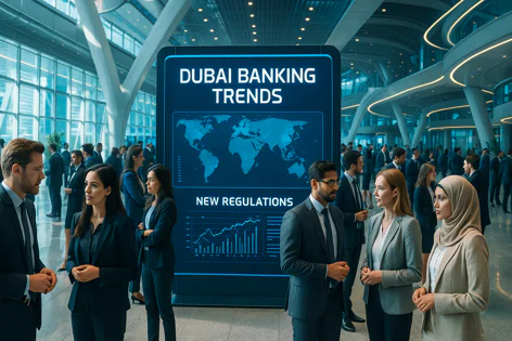 Diverse business professionals networking in a modern building near a large screen displaying "Dubai Banking Trends", "New Regulations", charts, and a world map.