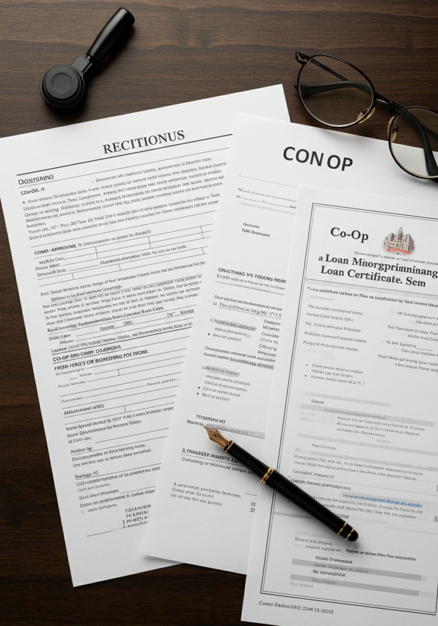 A financial document showing financing options for condos versus co-ops, with mortgage approval paperwork for a condo beside a co-op share certificate and loan application with stricter requirements. The papers are arranged on a dark wooden table with a fountain pen and reading glasses.