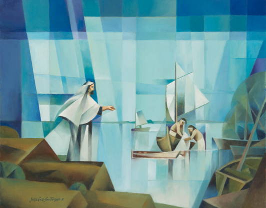 Geometic painting of Jesus of Jesus calling out to the fisherman. 