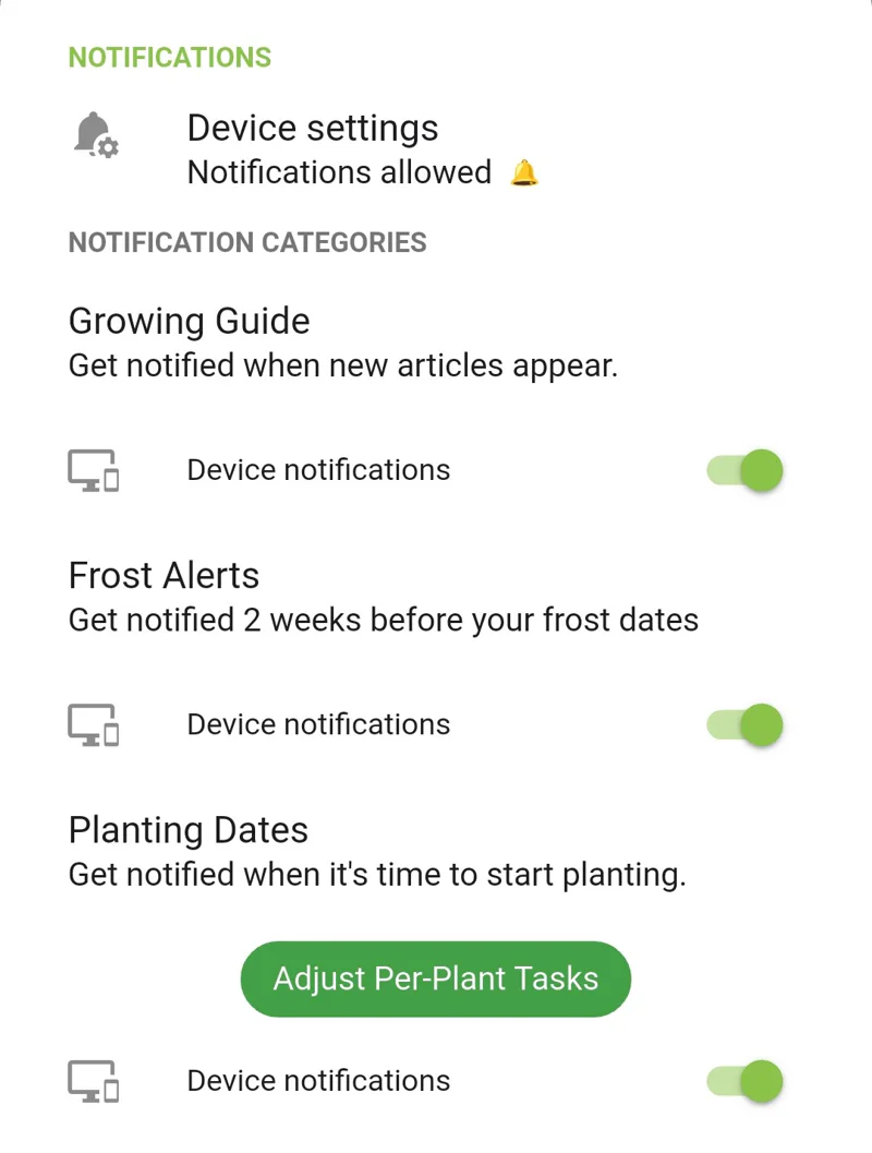 Screenshot of the notification settings toggles