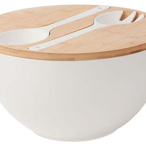 Salad Serving Bowl Set with Wooden Lid&Utensils, 6.5Qt., Bamboo Fiber Salad Bowl with Servers for Kitchen, Lightweight Big Bowl for Mixing Salad,Fruit,Pasta - Matte White