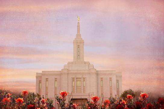Pocatello Temple picture with red flowers in the foreground.