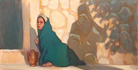 Painting of Mary Magdelene sitting outside of Jesus tomb, turnig back to see Christ. His shadow is cast on the wall.