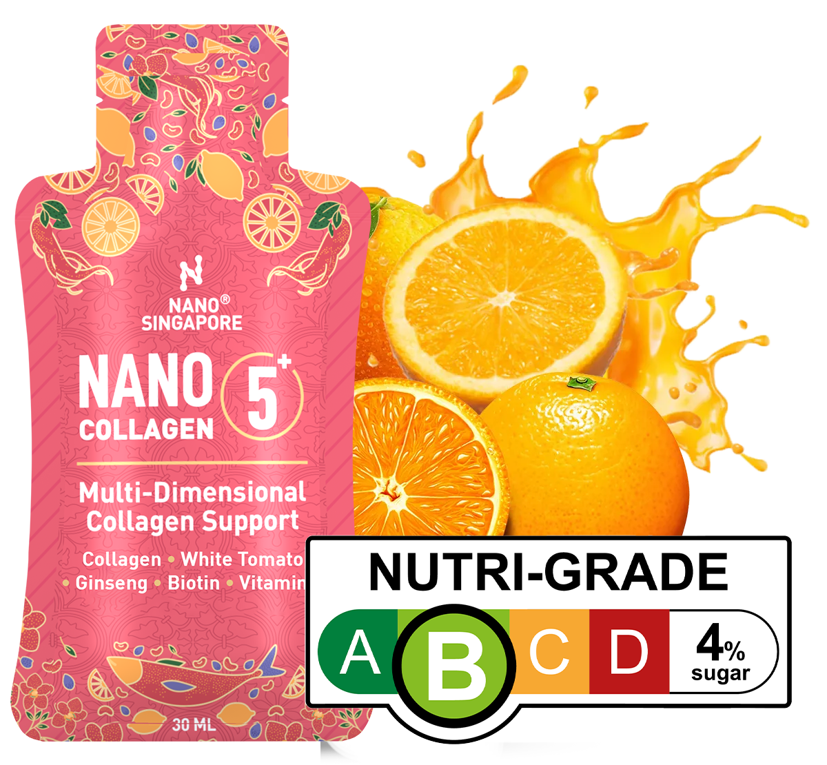 A sachet of nano singapore best collagen drink with Nutri-Grade B