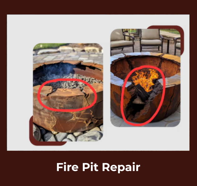 Side-by-side images showing a rusted and cracked fire pit rim with red circles highlighting the damage.