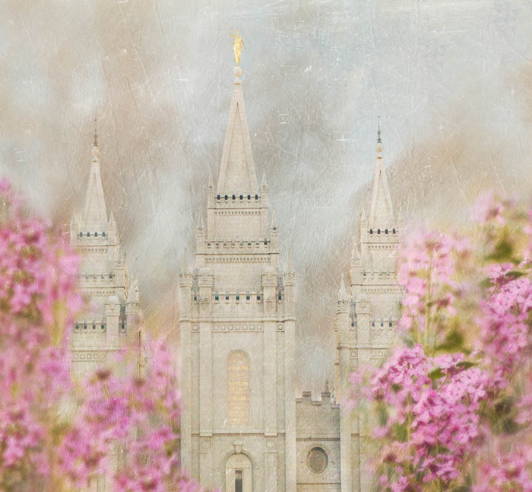 Textured picture of the Salt Lake Temple with purple flowers in the forefront.