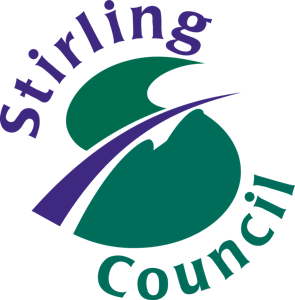 Stirling Council logo with a large stylized green S and a dark purple curved line resembling a road, surrounded by the words Stirling Council in a curved purple font.