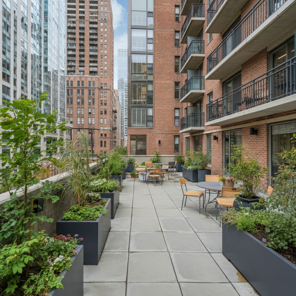 A boutique mid-rise building in Streeterville featuring a spacious terrace with container gardens and outdoor seating. The intimate scale offers privacy and community, perfect for downsizers seeking outdoor space and a connection to nature without the maintenance of a single-family home.