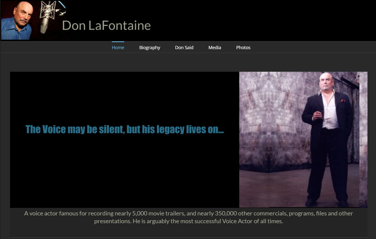 Screenshot of Don LaFontaine, from the voice actor portfolios collection.
