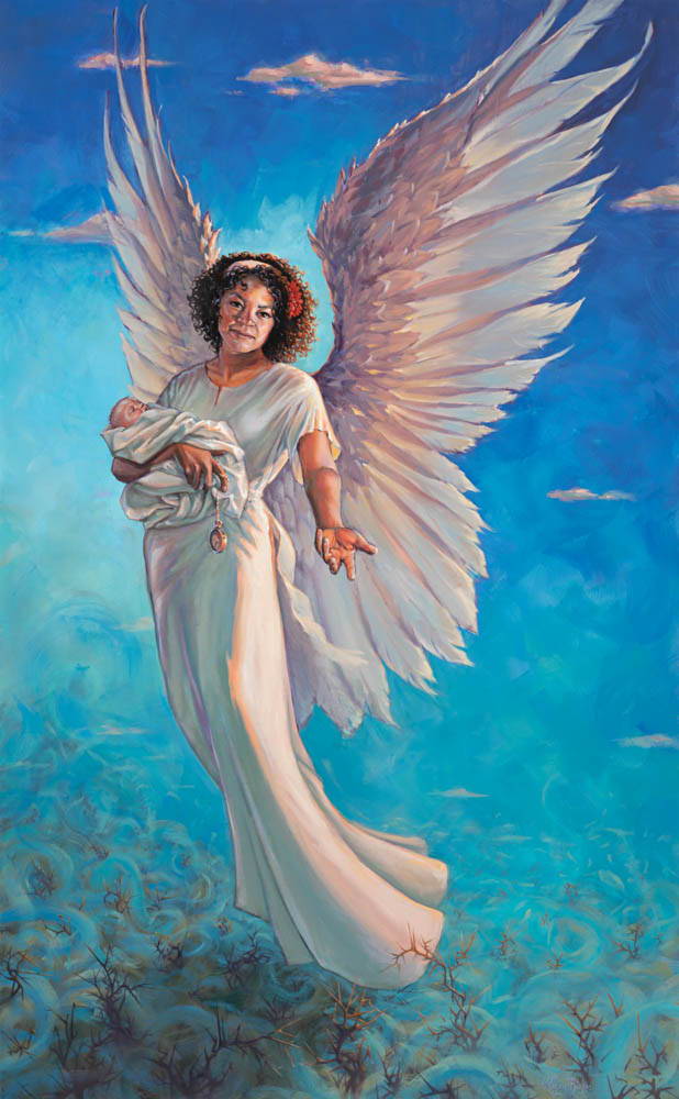 Painting of an angel woman with large wings carrying an infant. 
