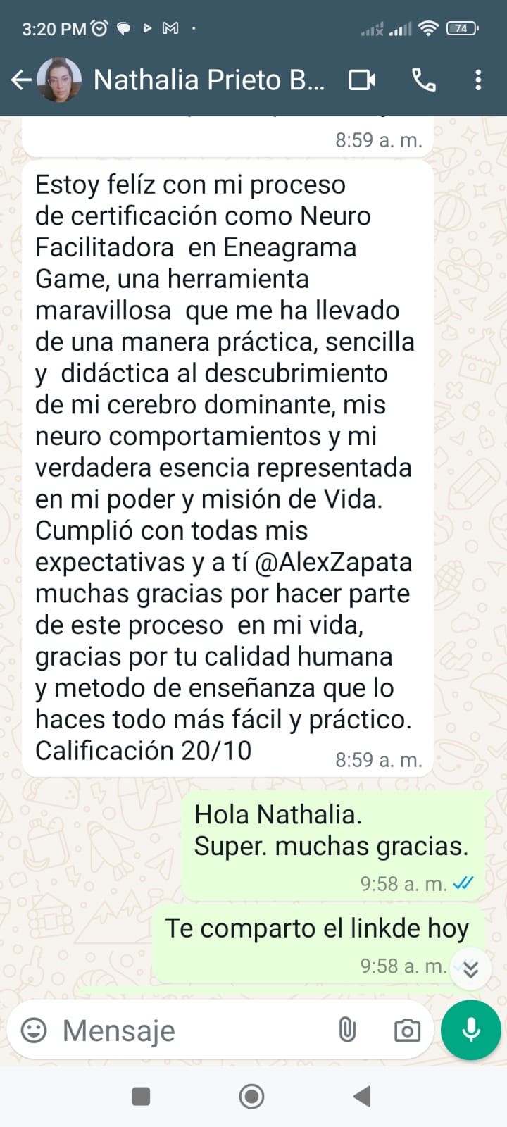 Captura de pantalla del testimonio sobre el curso de eneagrama game hecho por Nathalia