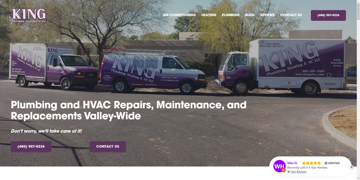 Screenshot of King Plumbing, Heating, & AC, from the contractor websites collection.
