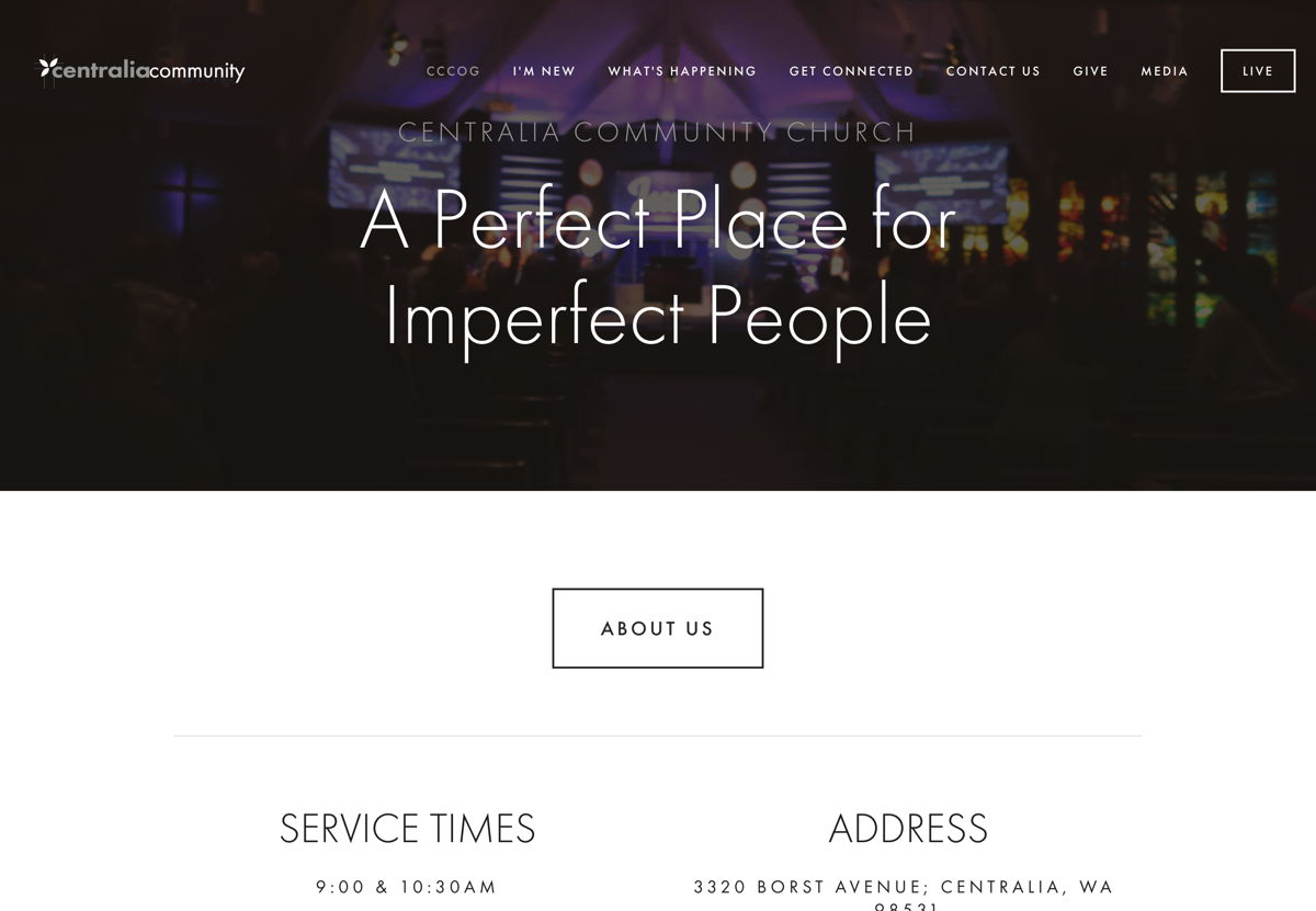 Screenshot of Centralia Community Church, from the squarespace church websites collection.