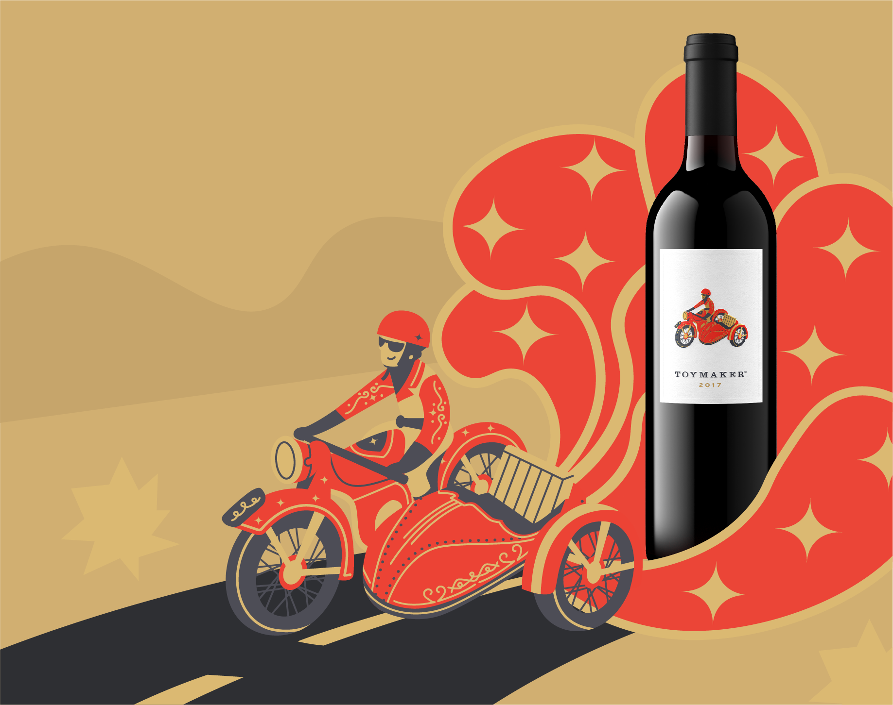 Illustrated image of a toy motorcycle with side car and driver on a make-believe desert road with tumbleweeds and hills in the background. From behind the motorcycle and sidecar with is a large, colorful plume of dust arising from which is emerging an image of a bottle of the 2017 ToyMaker Cabernet Sauvignon 750 ML wine bottle.