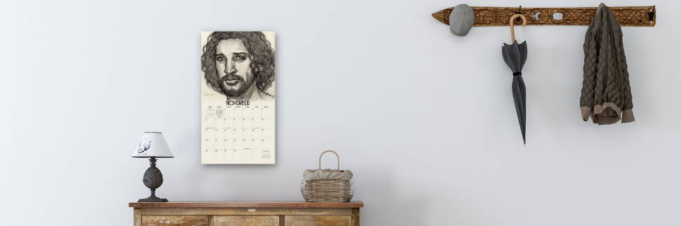 Hallway shot with a calendar feautring a sketched portrait of Jesus Christ.