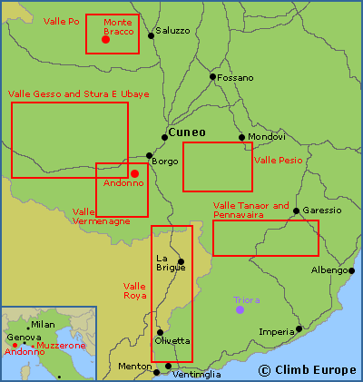 Map of the rock climbing areas around Cuneo including Andonno