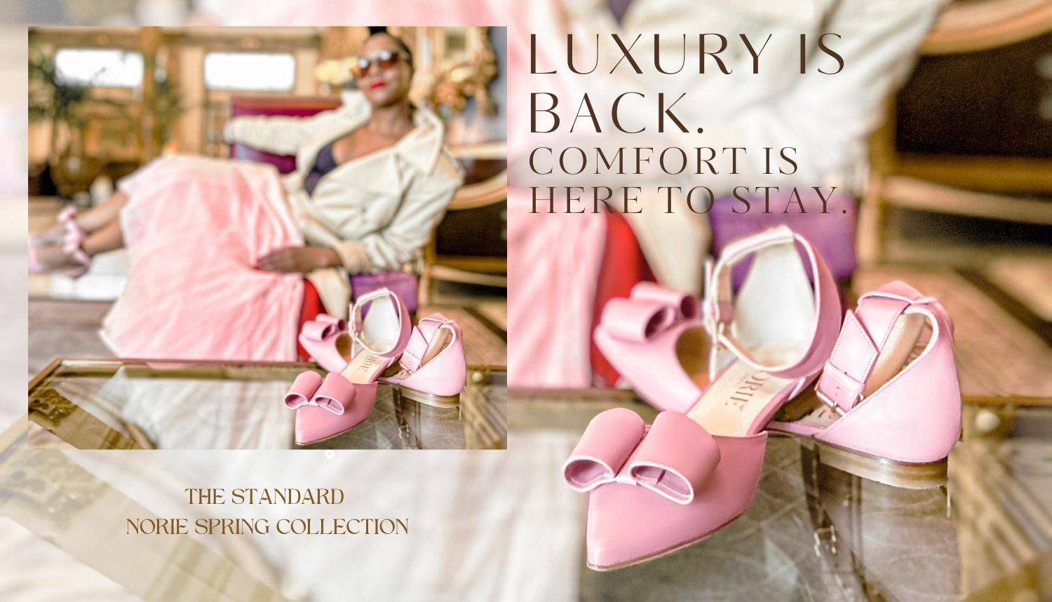 Luxury is Back - Black woman in pink dress lounges in gold hotel lobby, with pink The standard flat luxury italian-made sandals with bow on in the front of the image. 