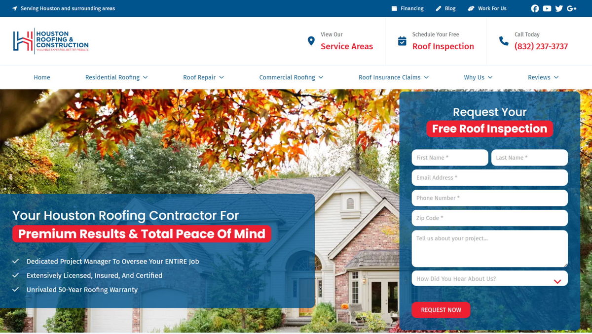Screenshot of Houston Roofing & Construction, from the blue websites collection.