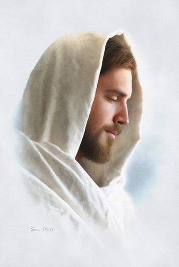 Profile portrait of Jesus in a white robe. His expression is reverent and calm.