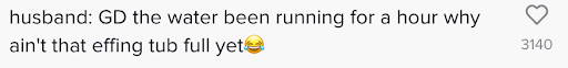 WaterSlyde TikTok comments - "husband: 'GD the water been running for an hour. Why ain't that effing tub full yet?'"