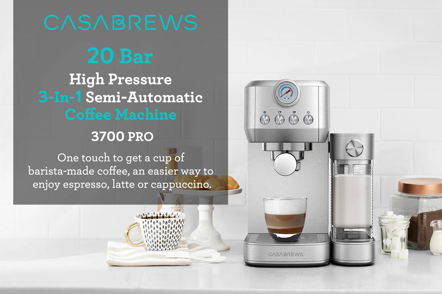 Casabrews 20 bar high pressure 3-in-1 semi-automatic coffee amchine 3700 pro one touch to get a cup of barista-made coffee, an easier way to enjoy espresso, latte or cappuccino.
