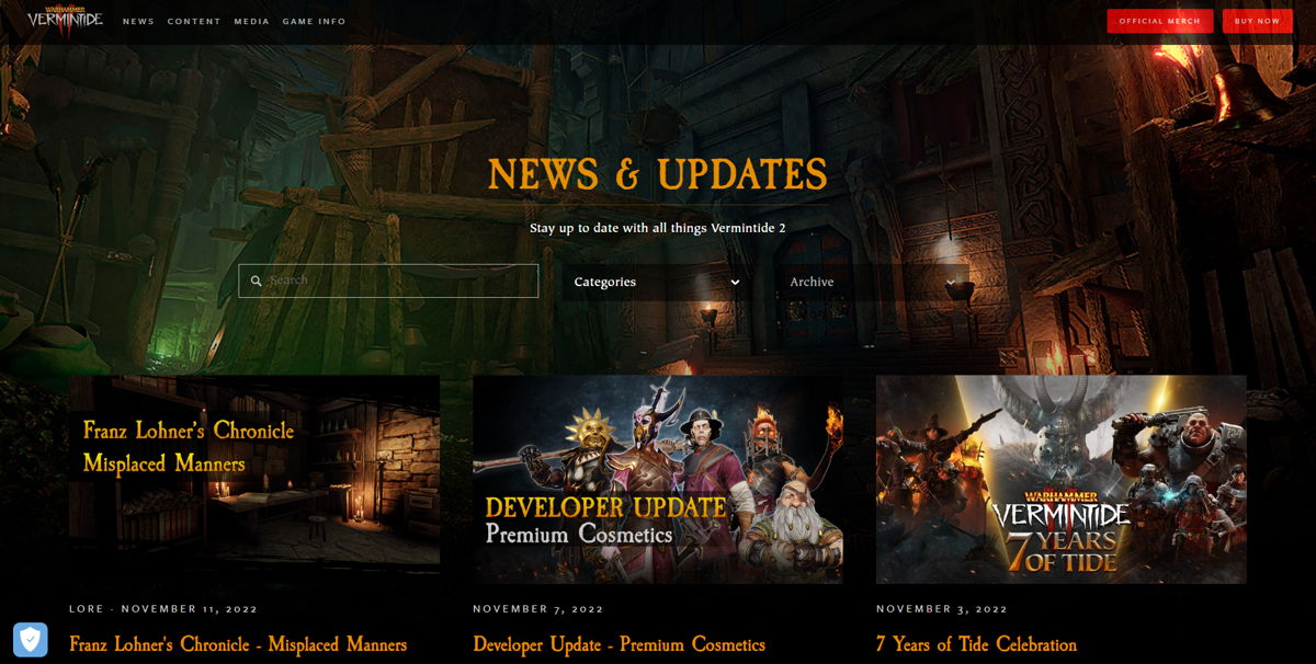 Screenshot of News — Vermintide, from the squarespace blog examples collection.