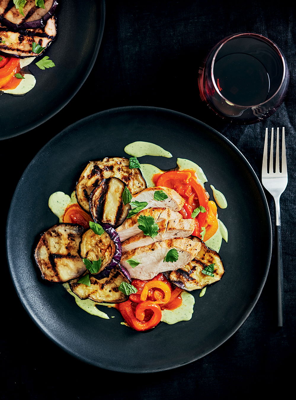 Grilled Eggplant and Chicken with Tahini-Herb Sauce | RICARDO