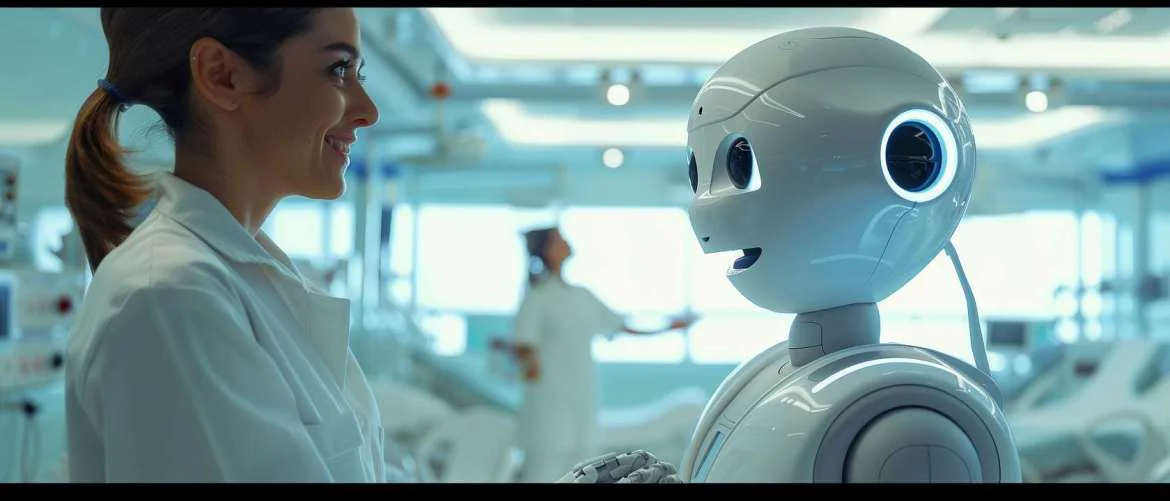 Robot trying to cheer up a patient, with a human nurse adding genuine warmth.