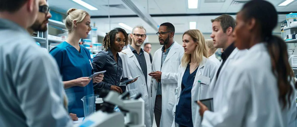 Medical professionals engage in innovative research in a high-tech lab.