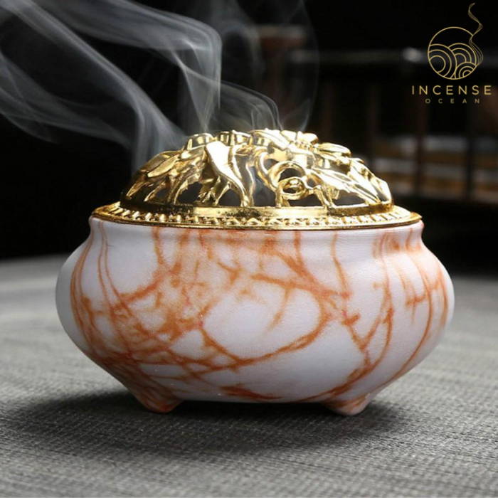 Marble Coil Censer Incense Burner Copper Cover Ceramic