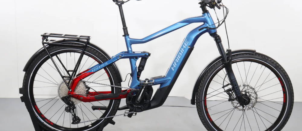 A light blue Haibike Adventr FS 9 full suspension electric mountain bike