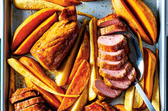 Sheet-Pan Maple-Glazed Pork Tenderloin with Sweet Potatoes and Parsnips