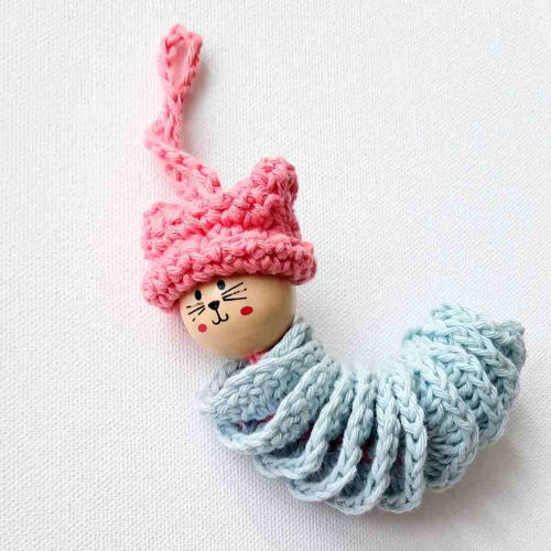 Kitty With A Cat Hat (Worry Worm With Wooden Head) Crochet Pattern PDF Printable