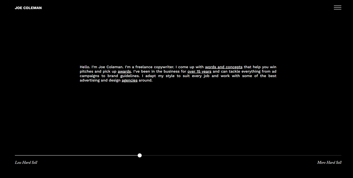 Screenshot of Joe Coleman, from the copywriting portfolios collection.