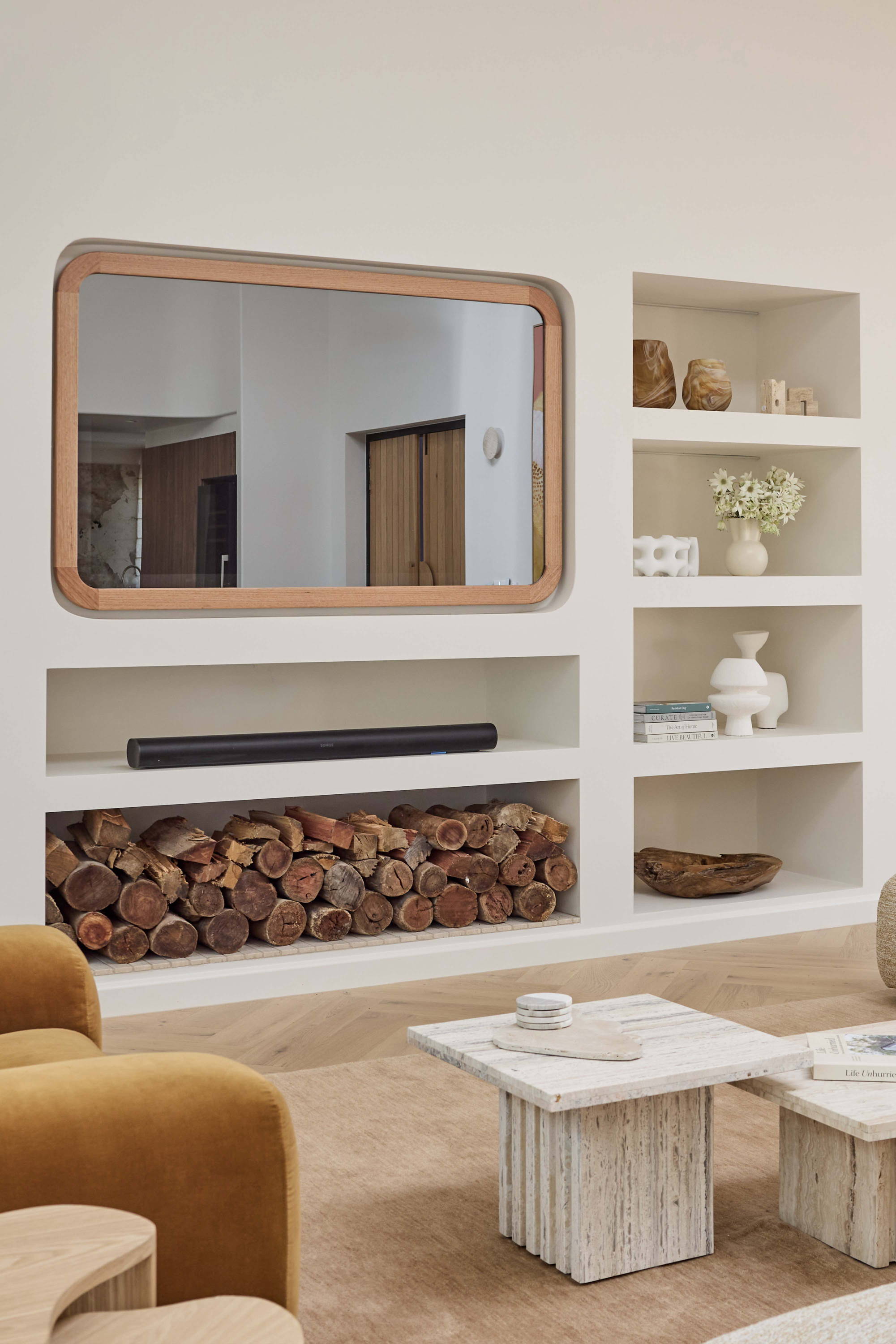 Contemporary Curve TV-Mirror by FRAMING TO A T - As seen on The Block in Courtney and Grant's Living and Dining Room, this Danish-inspired light oak timber framed TV Mirror features contemporary curved corners.