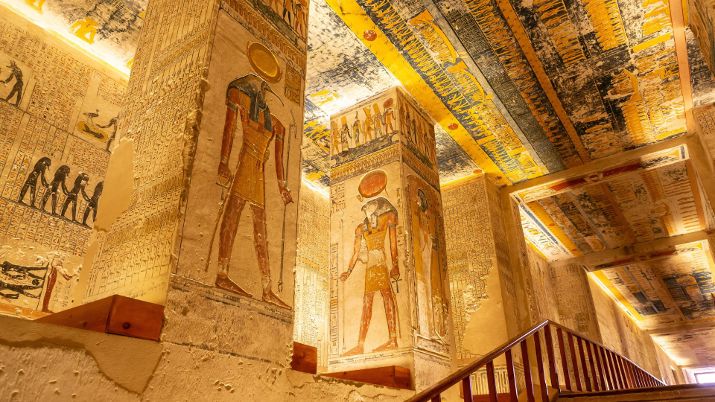 The tombs, in Valley of the Kings, are adorned with colorful hieroglyphics and paintings
