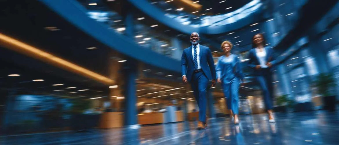 Healthcare professionals striding confidently in a futuristic hospital atrium symbolizing leadership.